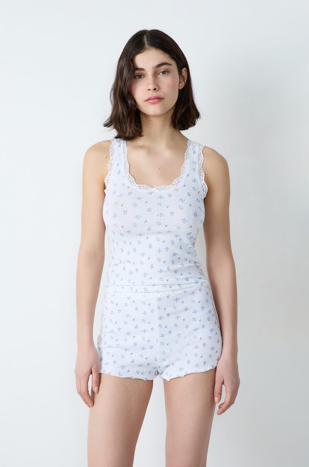 Printed Pointelle Cotton Tank Top With Lace Details;${refinementColor}