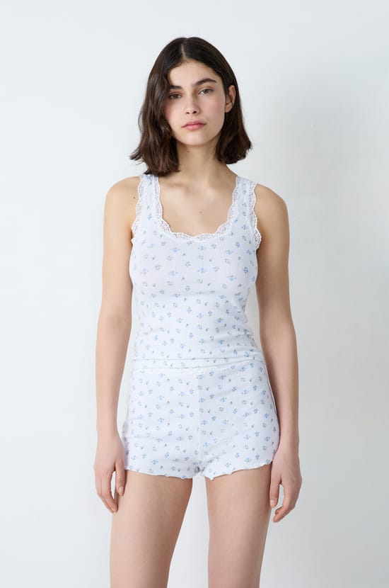 Cotton pointelle tank top with lace details and print;${refinementColor}