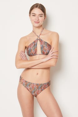 High-neck bikini top with patterned bralette;${refinementColor}
