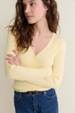 Pull cardigan manches longues en maille c&ocirc;tel&eacute;e;${refinementColor}