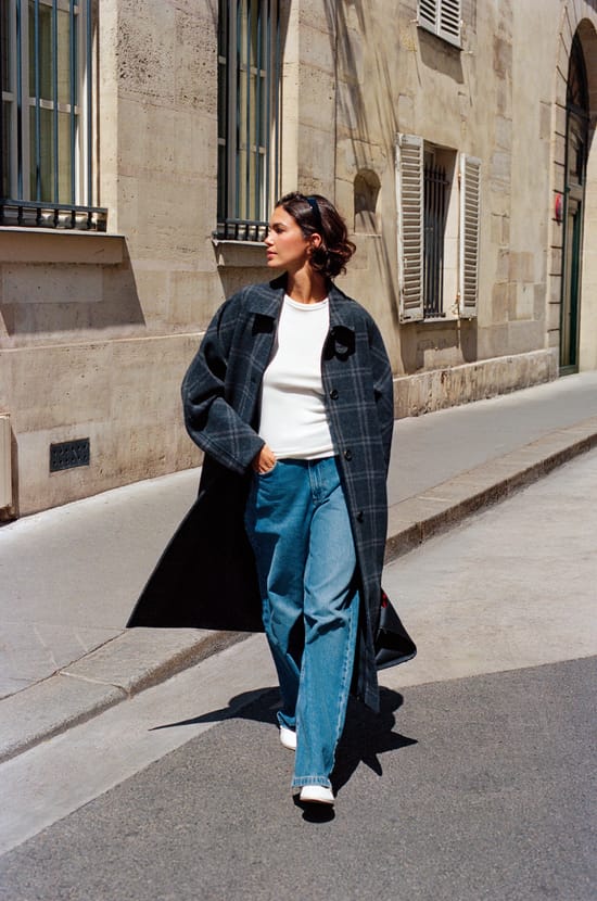 Manteau long &agrave; carreaux avec laine;${refinementColor}