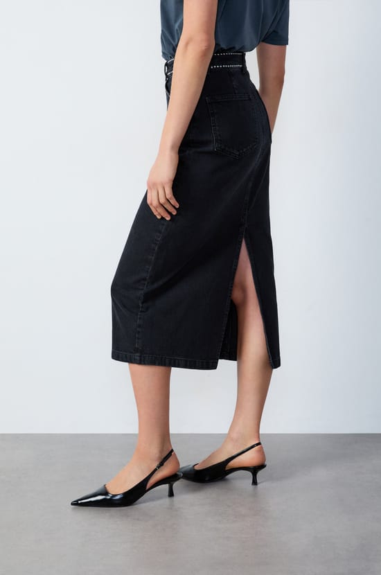 Studded long denim skirt;${refinementColor}