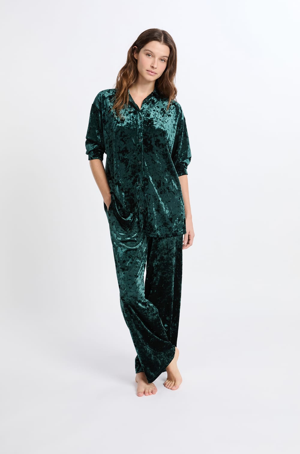 Velvet Effect Pyjama Shirt;${refinementColor}