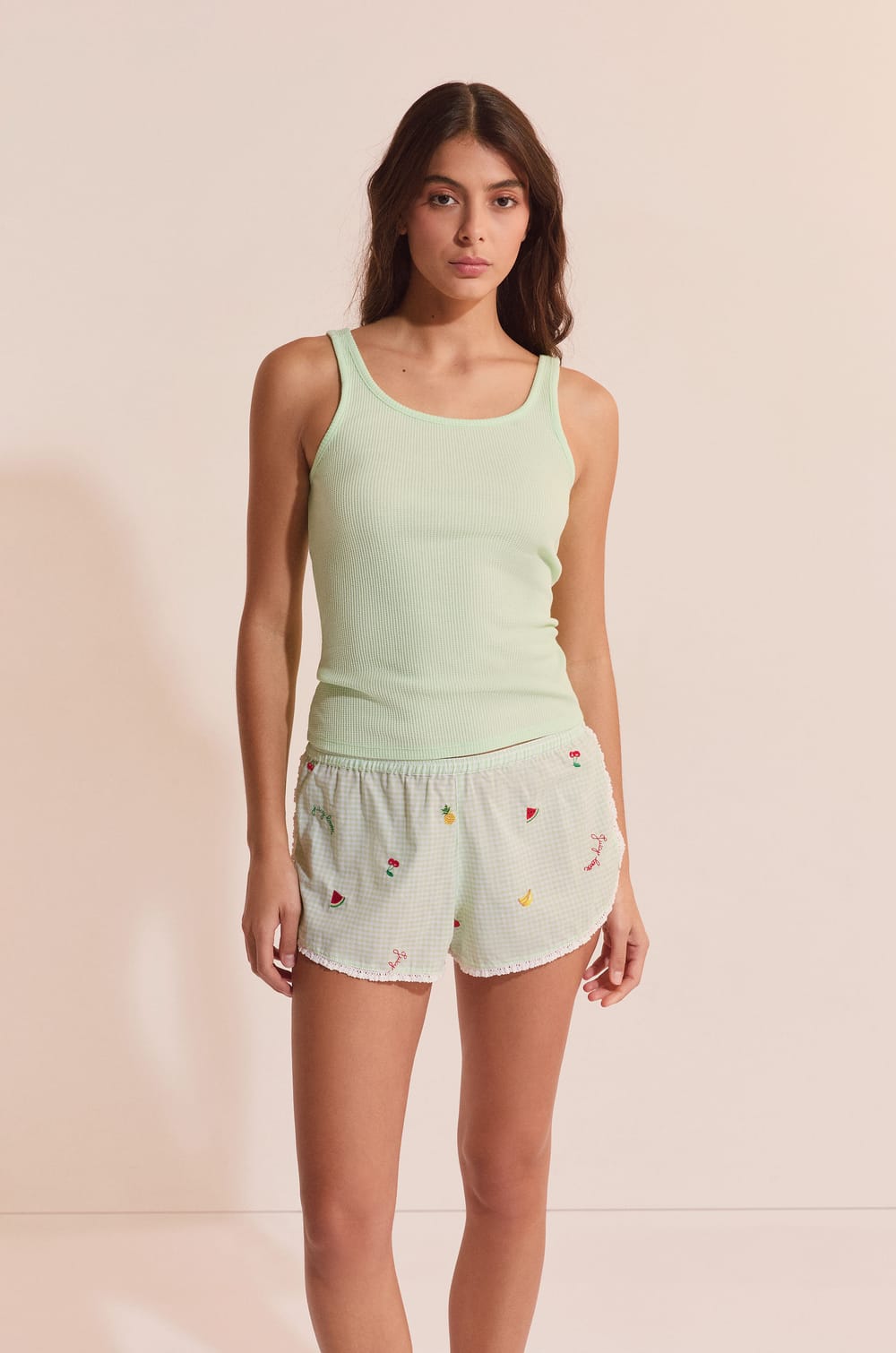 Short de pyjama vichy en coton &agrave; motifs fruits;${refinementColor}