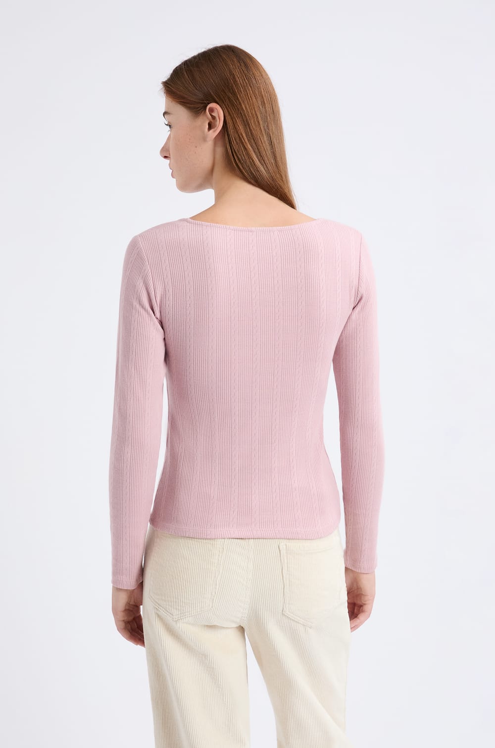 T-shirt manches longues en coton pointelle;${refinementColor}