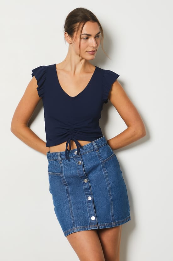 Cropped T-shirt with Ruffle Sleeves;${refinementColor}