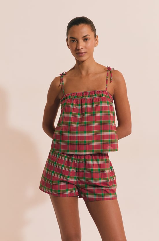 Caraco de pyjama &agrave; carreaux en coton;${refinementColor}