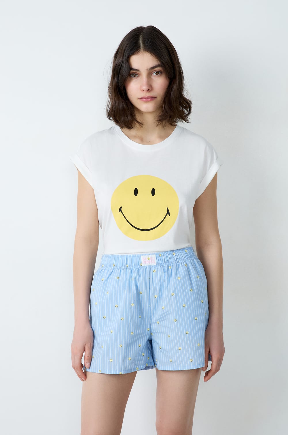 Pantalón corto de pijama de algodón a rayas Smiley®ORIGINALS;${refinementColor}