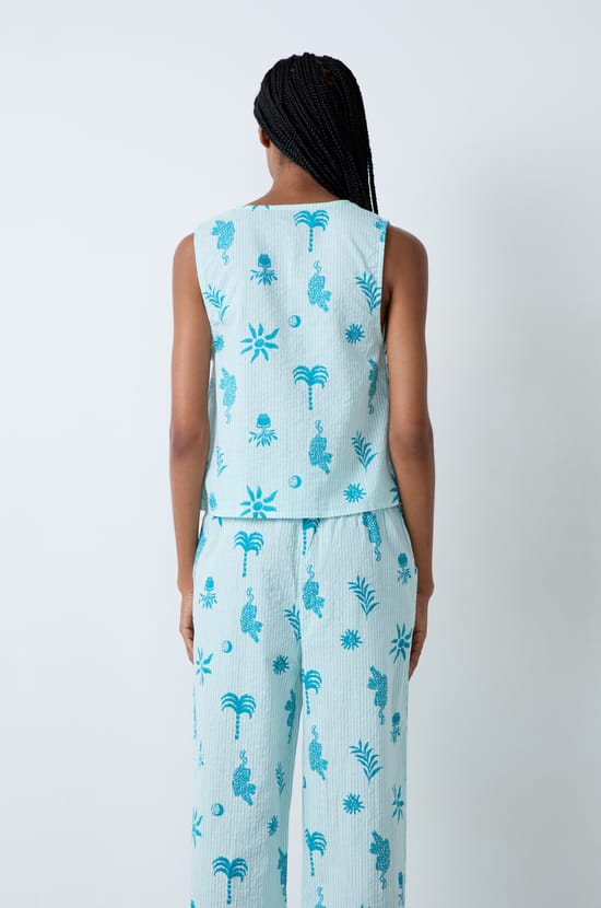 Cotton pyjama top with front tie pattern;${refinementColor}