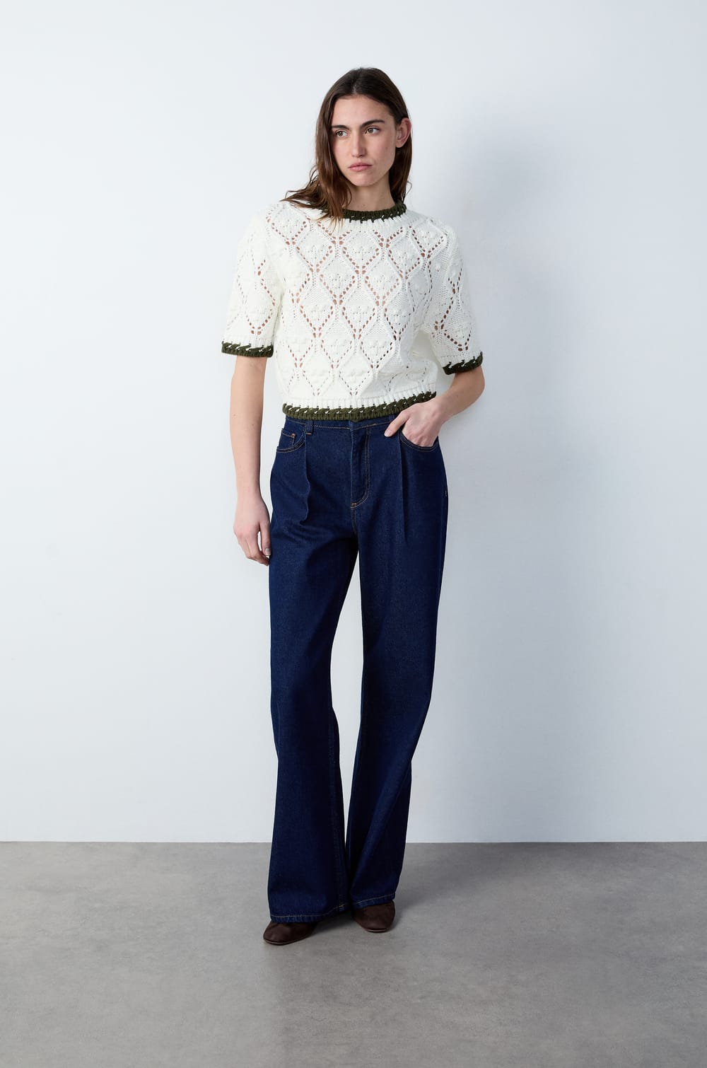 Short-sleeved sweater with openwork knit;${refinementColor}