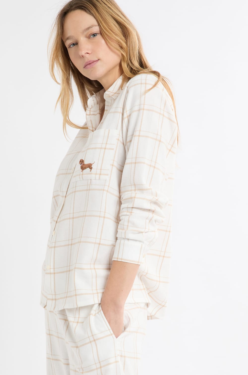 Checkered Pyjama Shirt with Dachshund Embroidery in Cotton;${refinementColor}