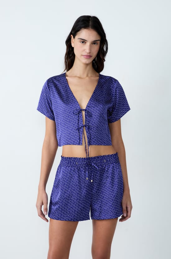 Satin Short-Sleeved Blouse With Bow Print;${refinementColor}