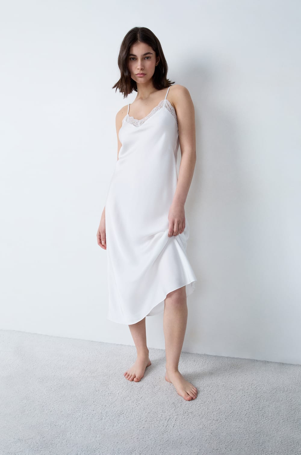 Long Satin Nightdress With Lace Details;${refinementColor}