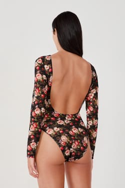 Lace-printed backless bodysuit;${refinementColor}