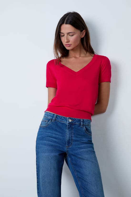 T-shirt col V manches courtes;${refinementColor}