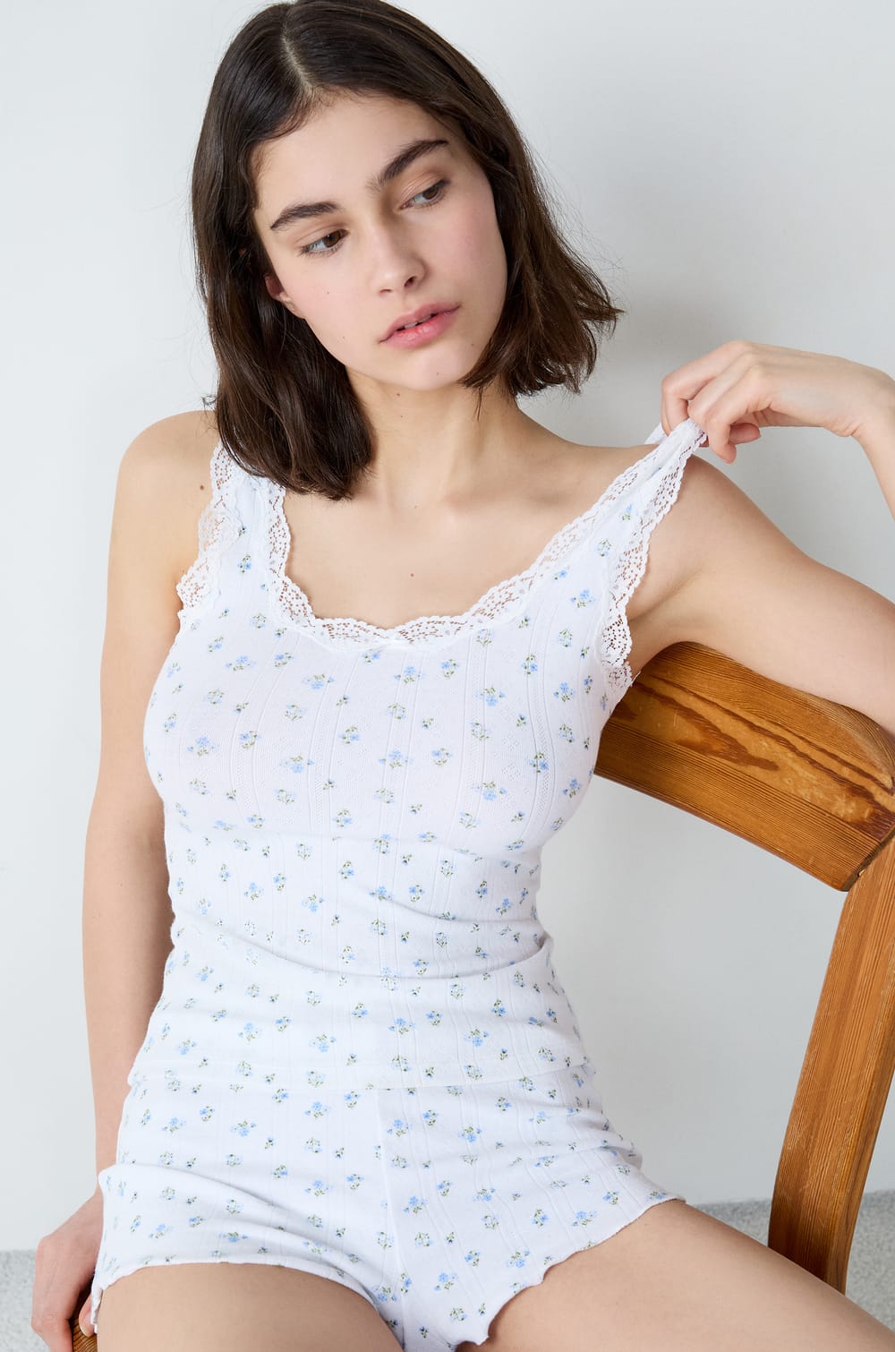 Printed Pointelle Cotton Tank Top With Lace Details;${refinementColor}