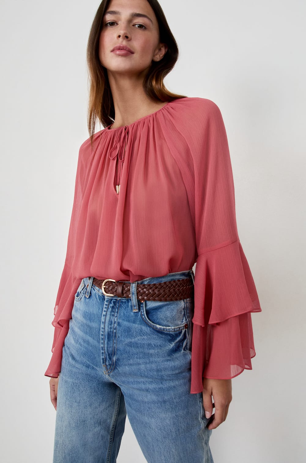 Blouse with ruffled sleeves;${refinementColor}
