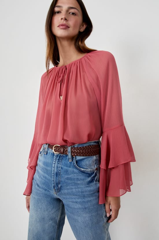 Blouse with ruffled sleeves;${refinementColor}