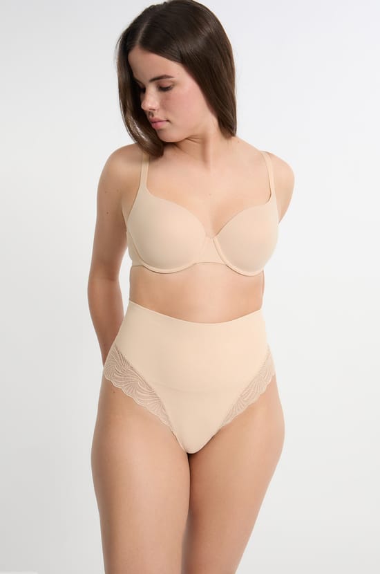 Tanga de talle alto moldeador con detalles de encaje - Sujeción media;${refinementColor}