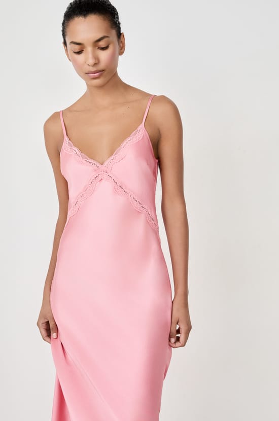 Long satin nightdress with lace details;${refinementColor}