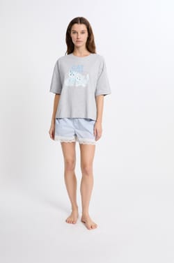 Cotton Pajama T-Shirt With Cat Pattern;${refinementColor}
