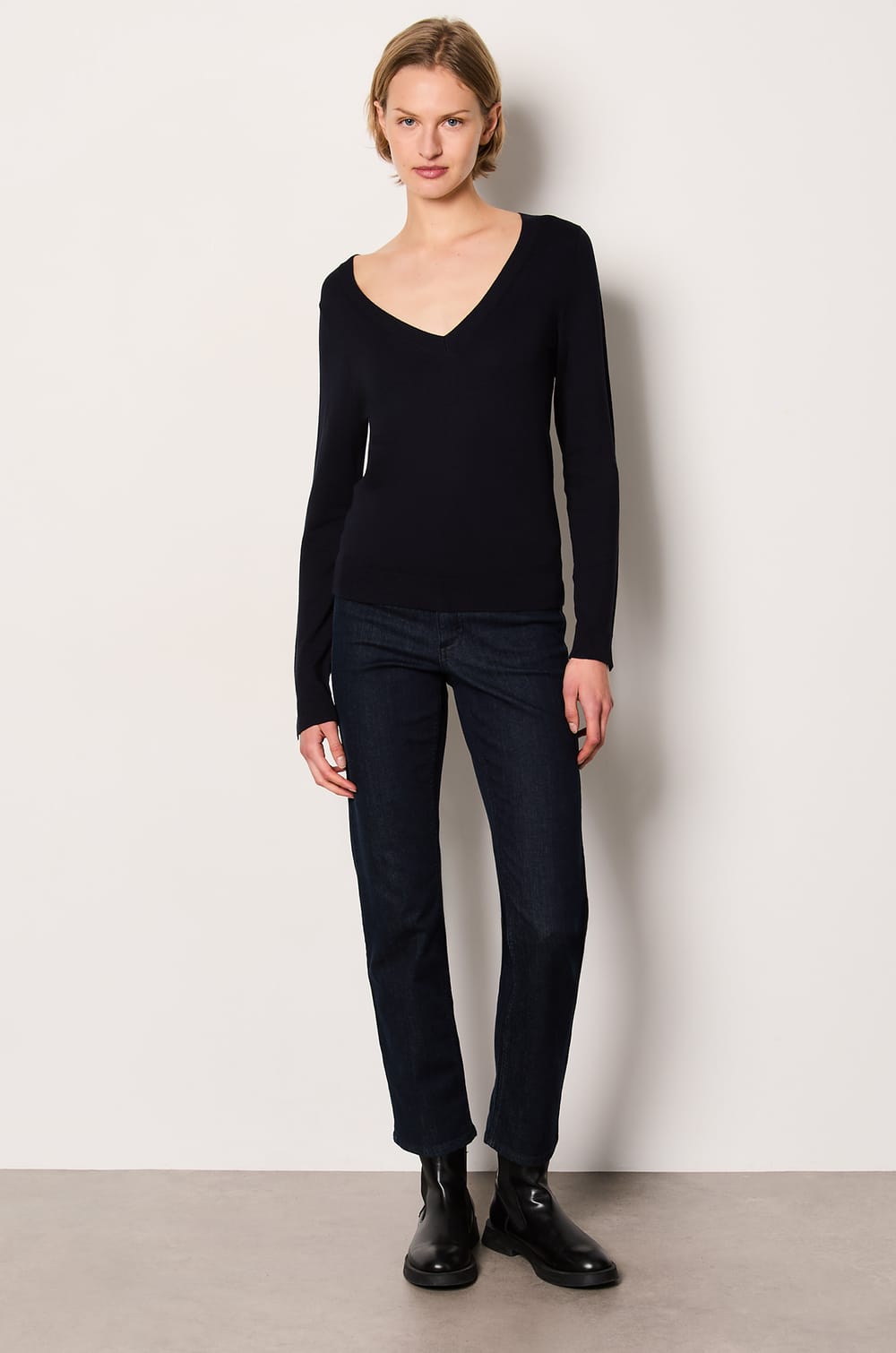 Long Sleeve V-Neck Sweater;${refinementColor}