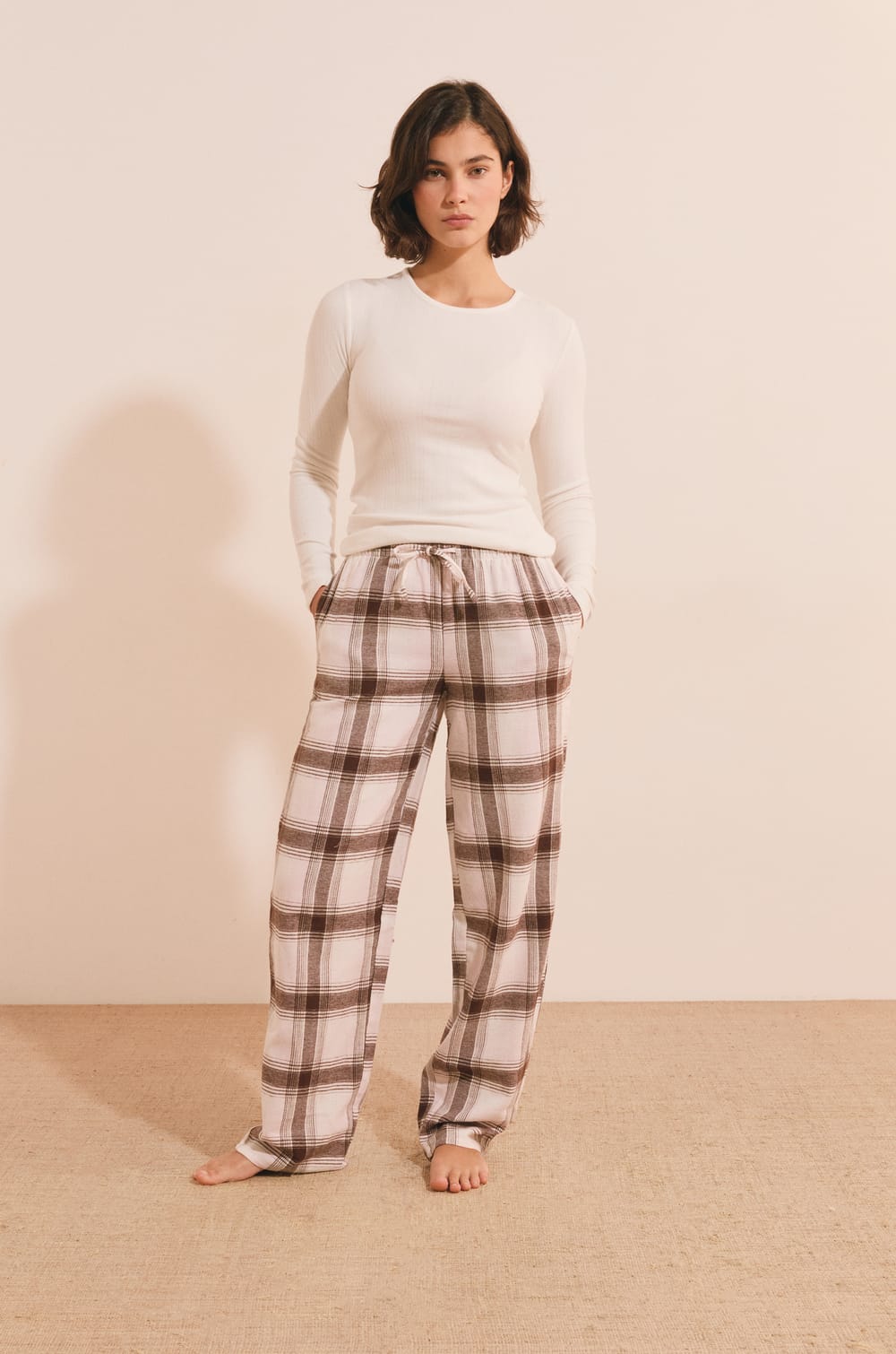 3-Piece Pajama Set with Checked Cotton Bottoms;${refinementColor}