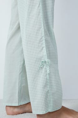 Cotton Straight-Cut Checkered Pyjama Trousers with Bow Details;${refinementColor}