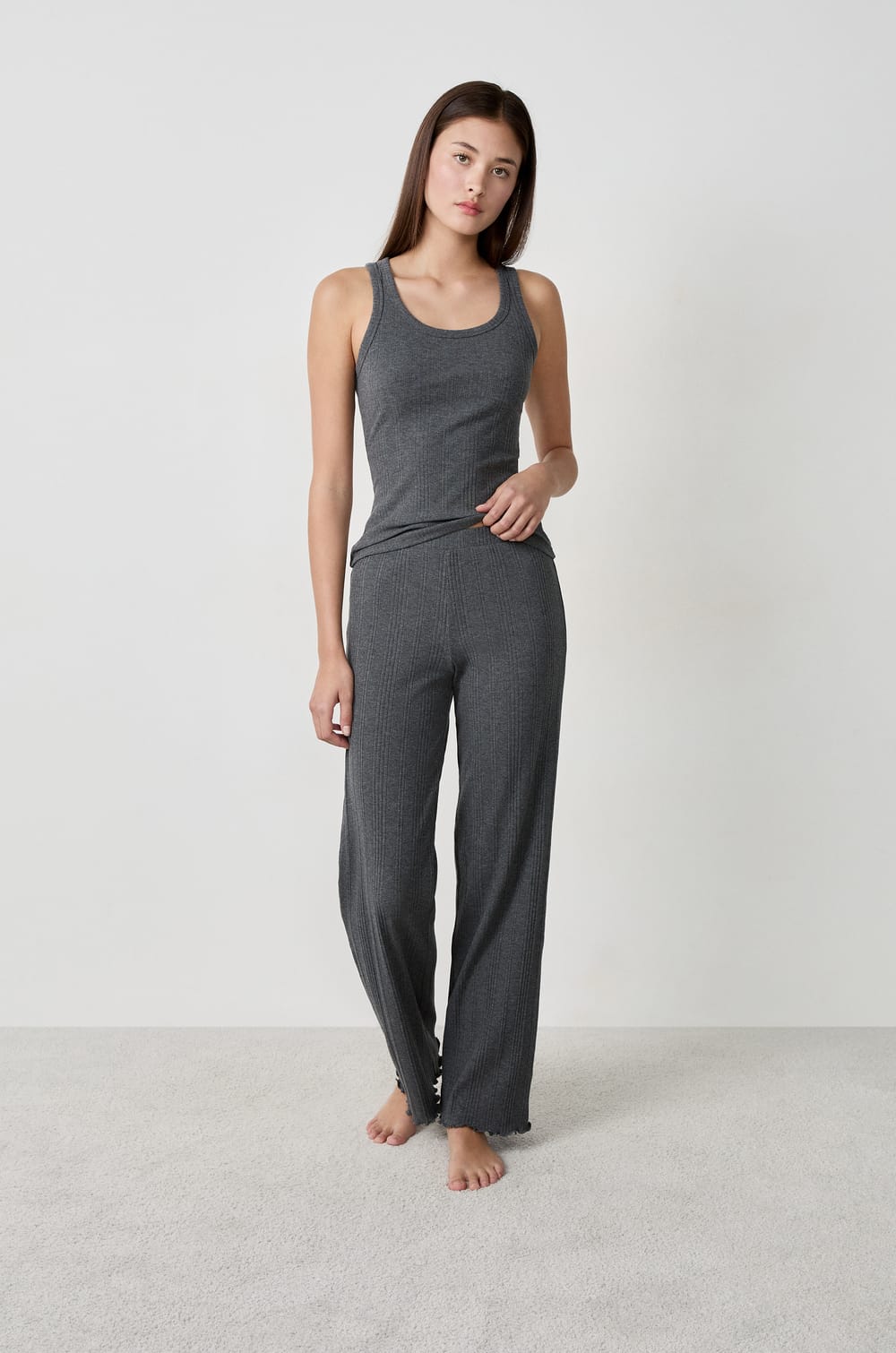 Straight Ribbed Pyjama Trousers;${refinementColor}
