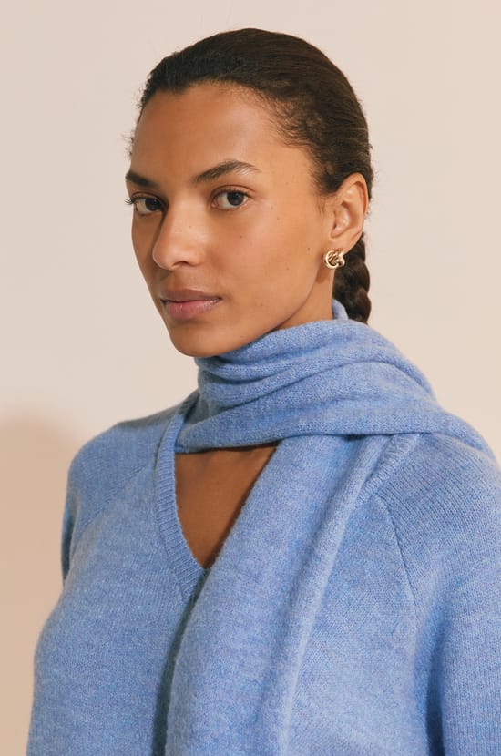 V-neck Sweater with Integrated Scarf;${refinementColor}