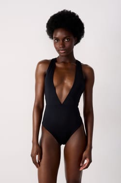 One-piece swimsuit with plunge neckline;${refinementColor}