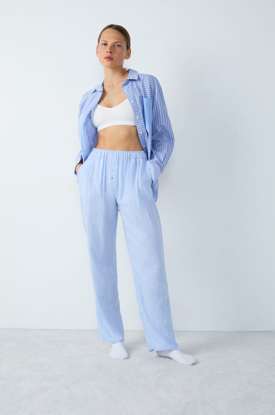 Straight Leg Linen Pyjama Trousers;${refinementColor}