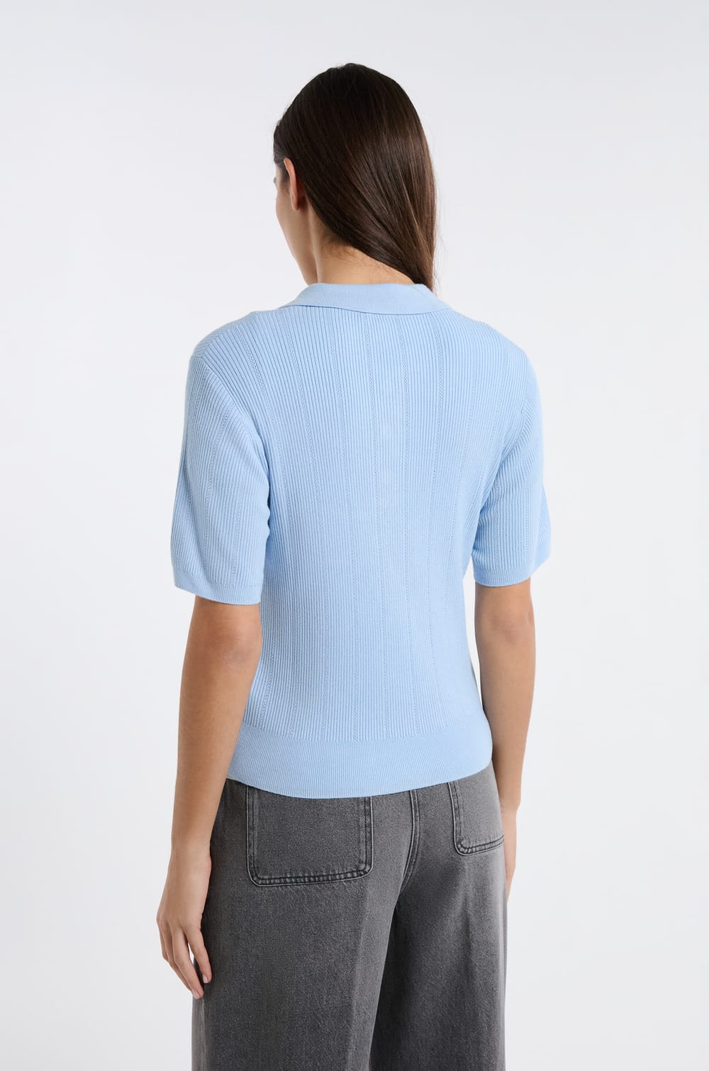 Short-sleeved polo in fine pointelle knit;${refinementColor}