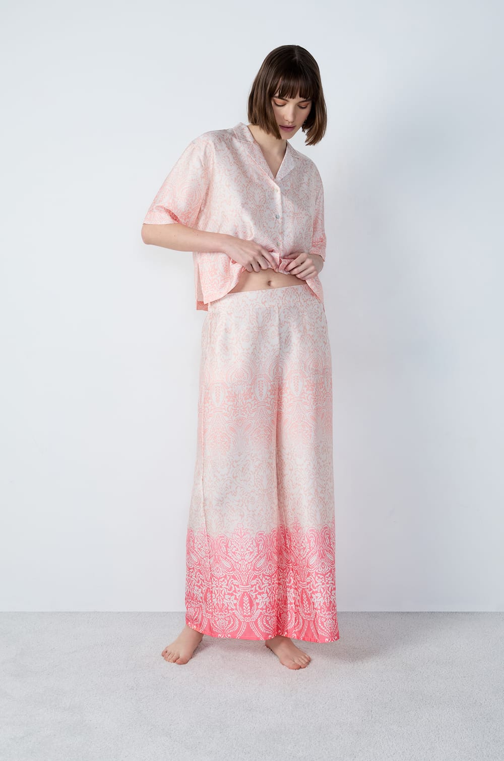 Wide-Leg Patterned Satin Pajama Pants;${refinementColor}