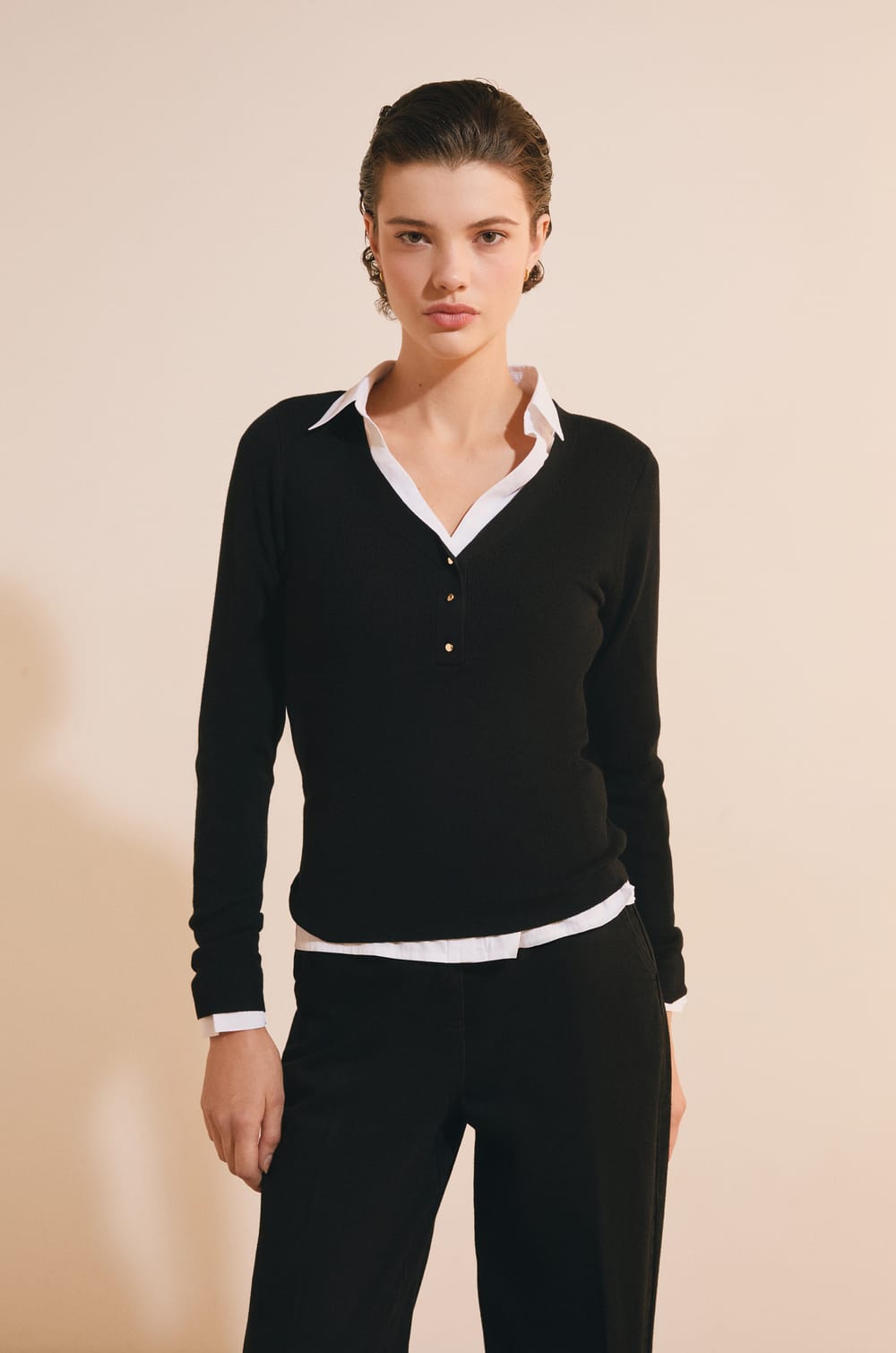 Pull manches longues &agrave; col V;${refinementColor}