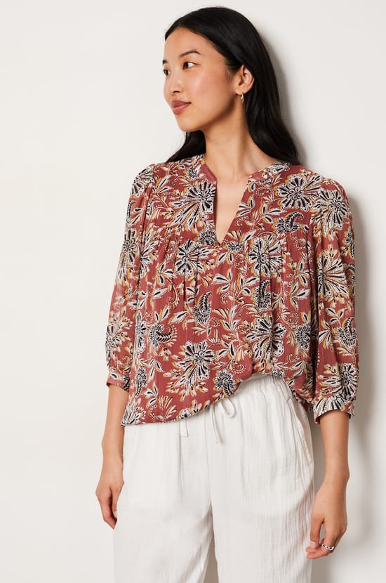 Floral Blouse with 3/4 Sleeves;${refinementColor}