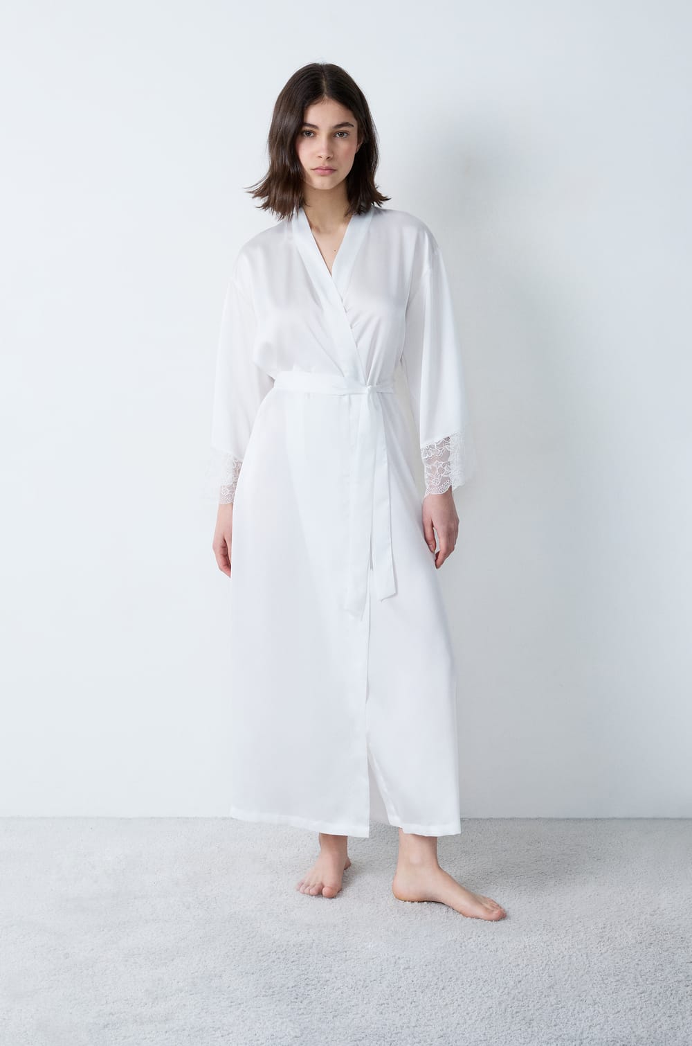 Long Satin Robe with Lace Details;${refinementColor}