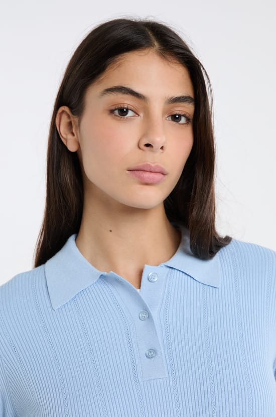 Short-sleeved polo in fine pointelle knit;${refinementColor}