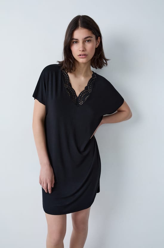 Modal nightshirt with lace neckline;${refinementColor}