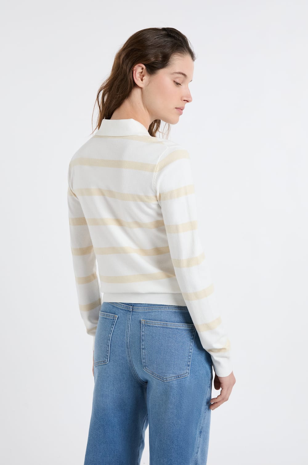 Pull col polo &agrave; manches longues &agrave; rayures;${refinementColor}