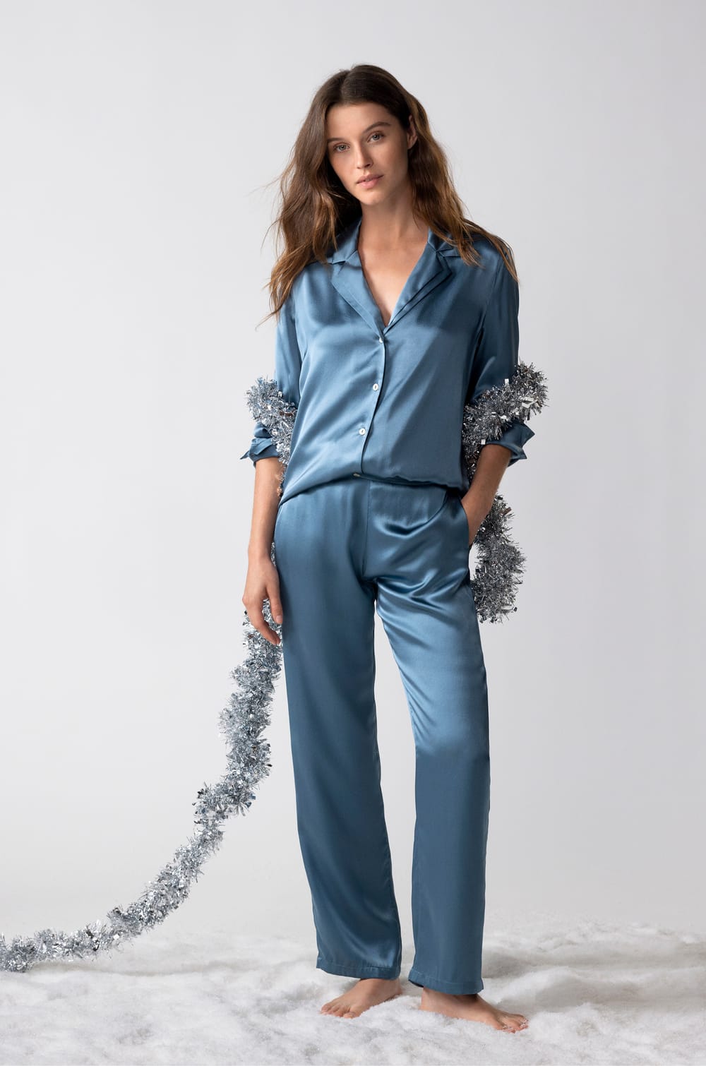 Chemise de pyjama manches longues en soie;${refinementColor}