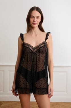 Transparante babydoll in tule met hartjesmotief;${refinementColor}