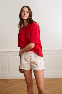 Cotton Pajama Shorts With Heart Print;${refinementColor}