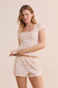 T-shirt de pyjama manches courtes en coton pointelle;${refinementColor}