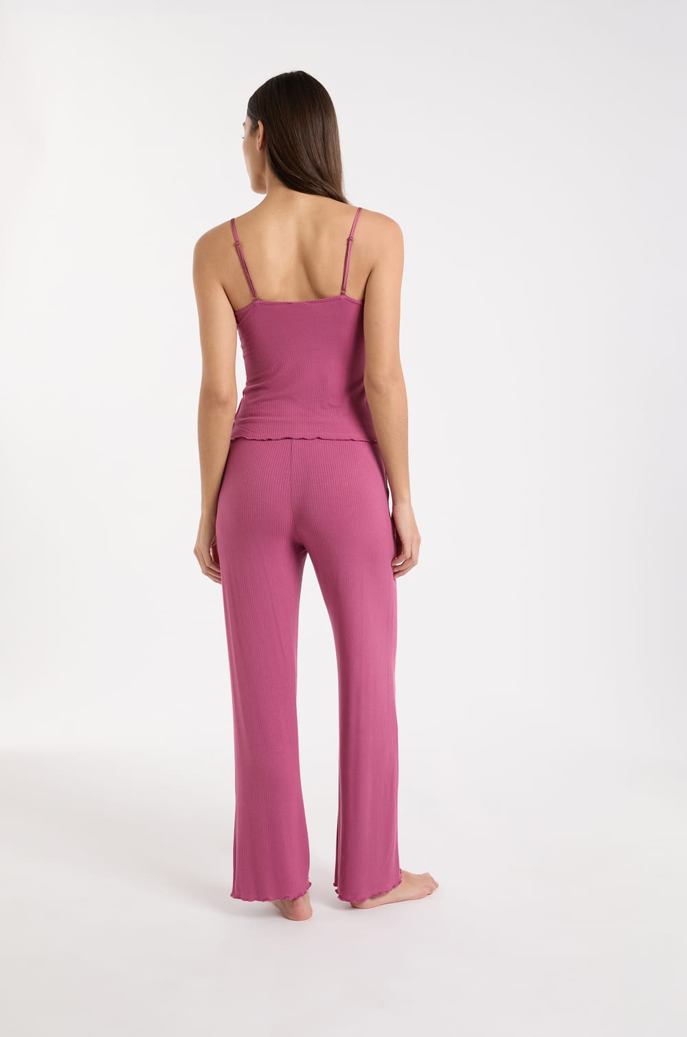 Conjunto de pijama de 2 piezas de punto acanalado con detalles de encaje;${refinementColor}