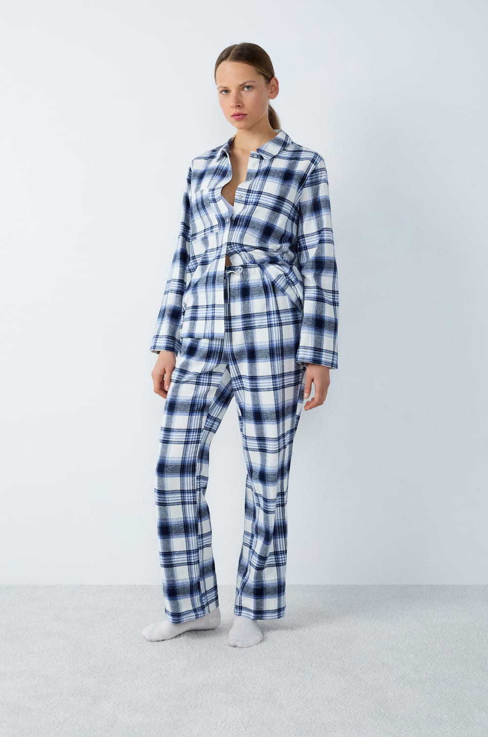 Checkered Cotton Pajama Bottoms;${refinementColor}