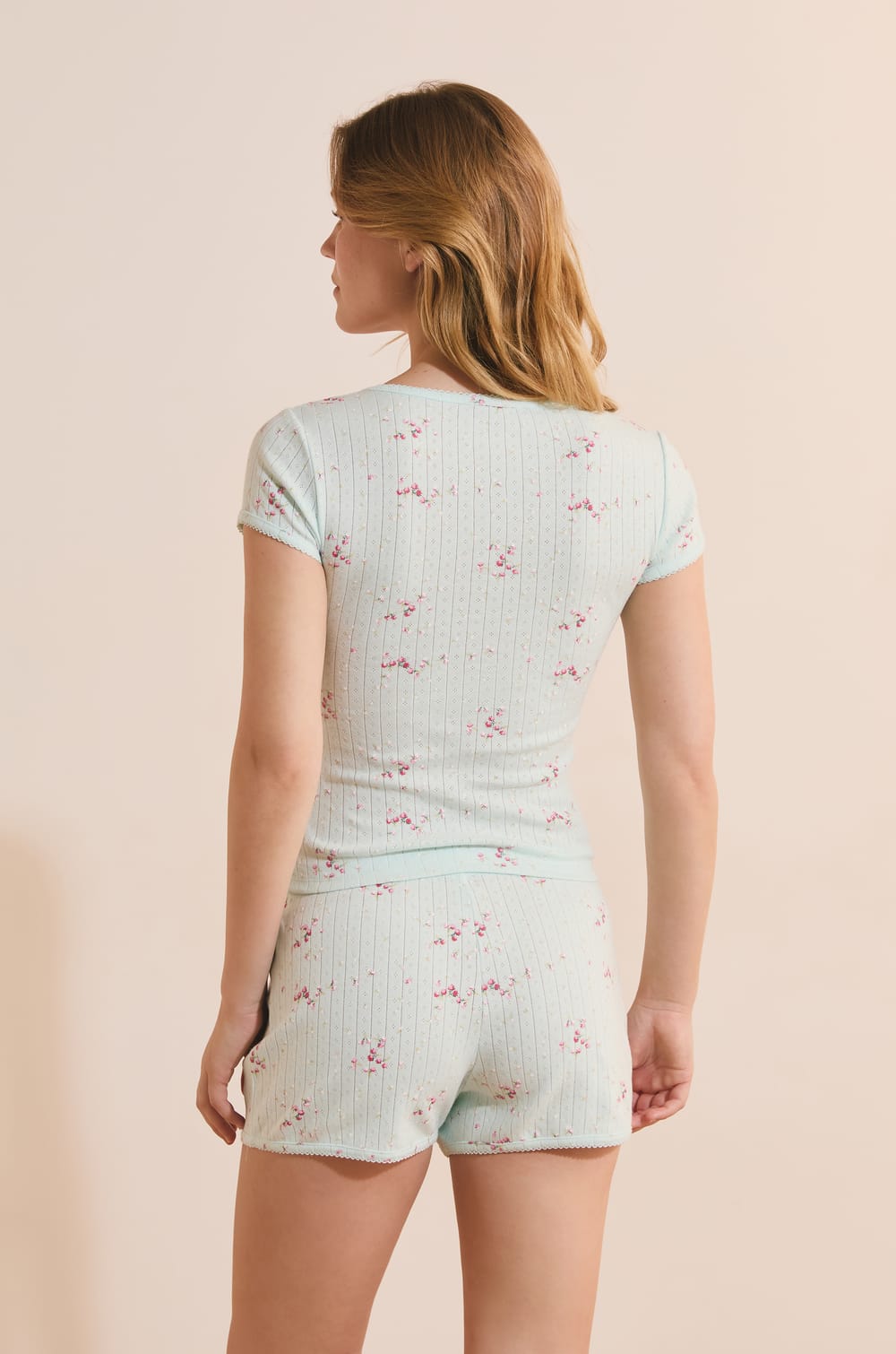 T-shirt de pyjama manches courtes en coton pointelle;${refinementColor}