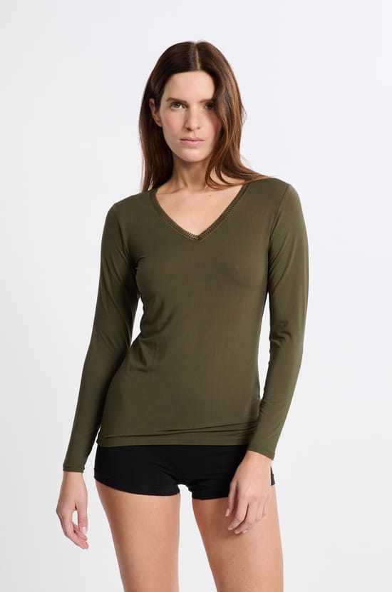 T-shirt col V maille thermique;${refinementColor}