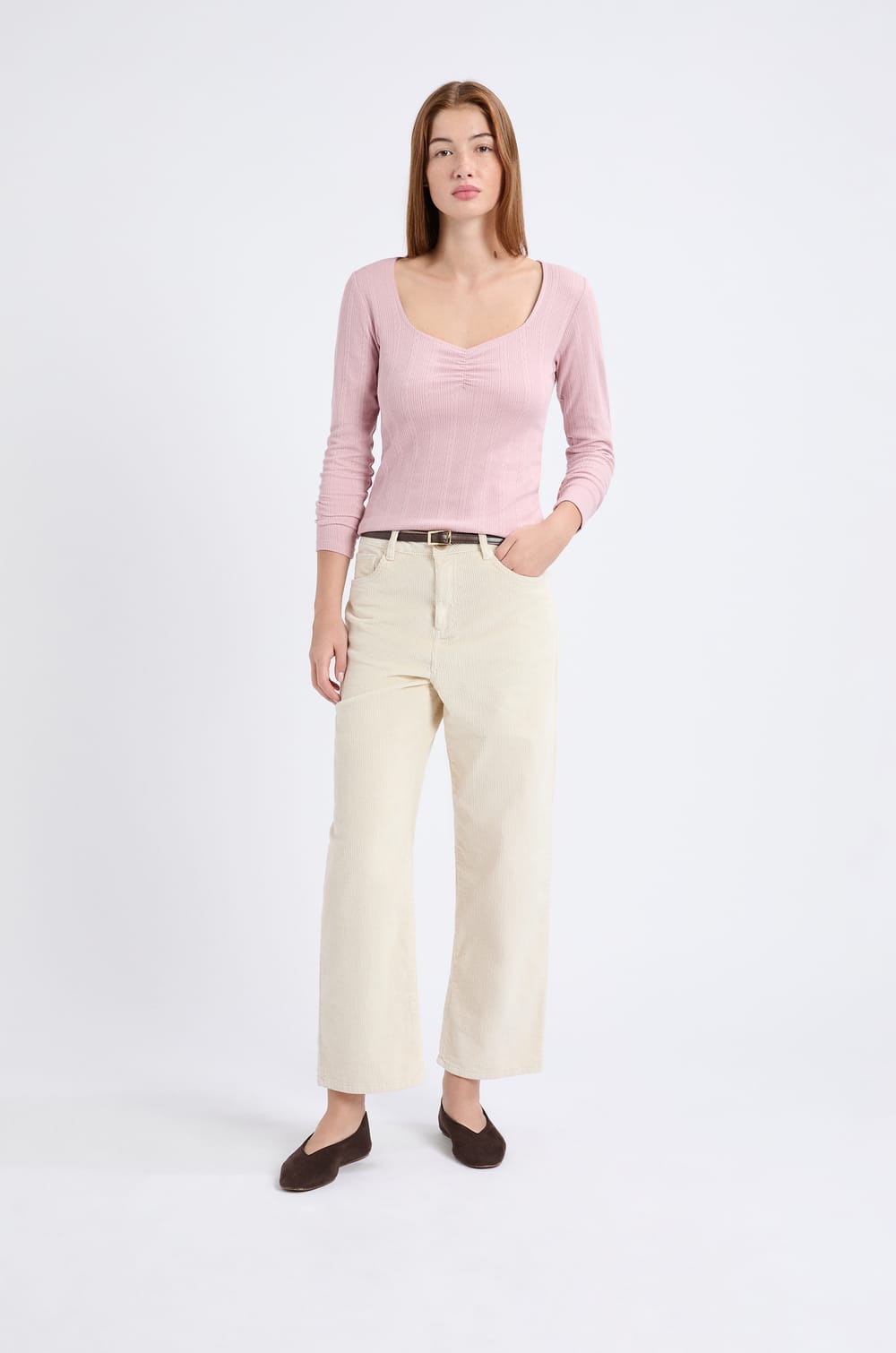 T-shirt manches longues en coton pointelle;${refinementColor}