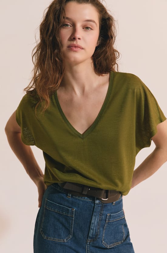 T-shirt manches courtes &agrave; col V;${refinementColor}